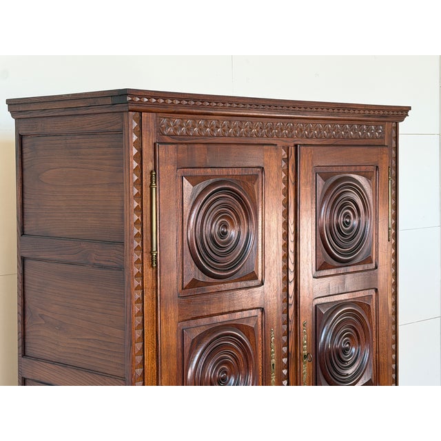 French Brutalist Carved Oak Armoire attributed to Charles Dudouyt, 1940s For Sale - Image 14 of 15