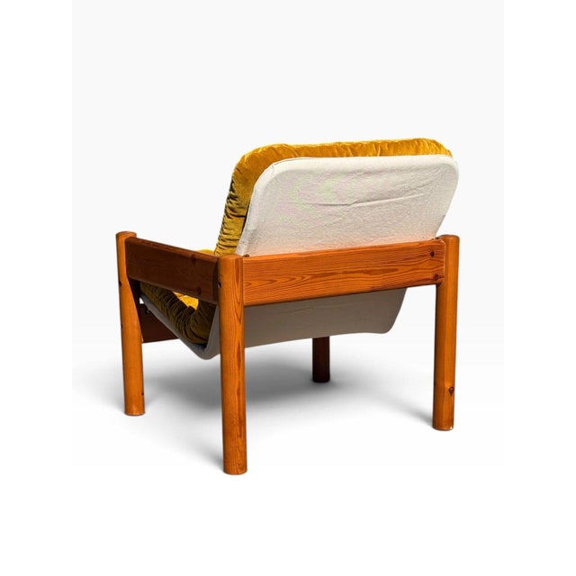 Gold Danish Modern Solid Pine Lounge Armchair | New Canvas Sling & Mustard Velvet Cushion | C. 1970s For Sale - Image 8 of 11