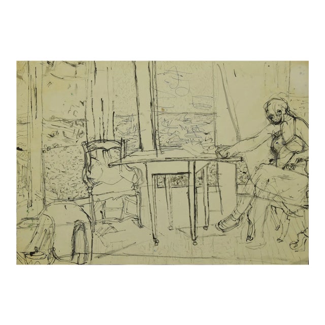 Interior Drawing In Pencil and Ink by Jeanne Daour For Sale