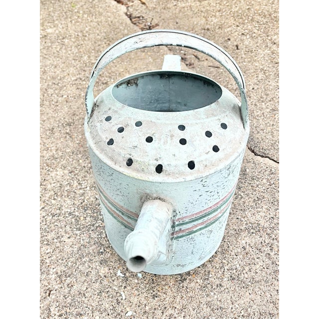 1940s Vintage Painted Striped Farmhouse Galvanized Garden Watering Can For Sale - Image 9 of 10