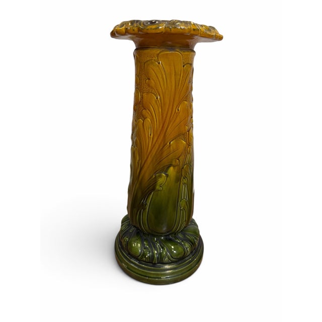 American Antique Brush-McCoy Blended Glaze Iris Majolica Pedestal For Sale - Image 3 of 7