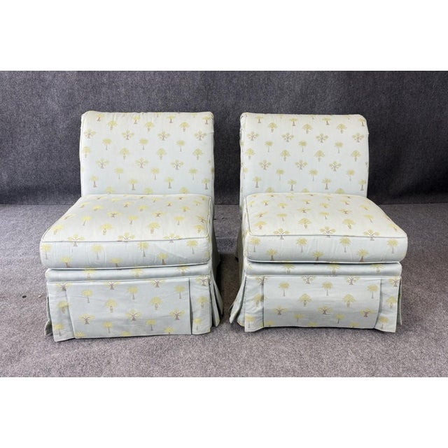 Traditional Pair of Calico Corners High-Quality Rolled Back Slipper Chairs For Sale - Image 3 of 15