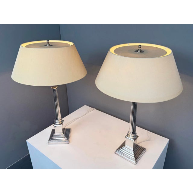 Silver-Plated Table Lamps with Corinthian Columns, England, 1970s, Set of 2, in Very Good conditions. Designed 1970 to...