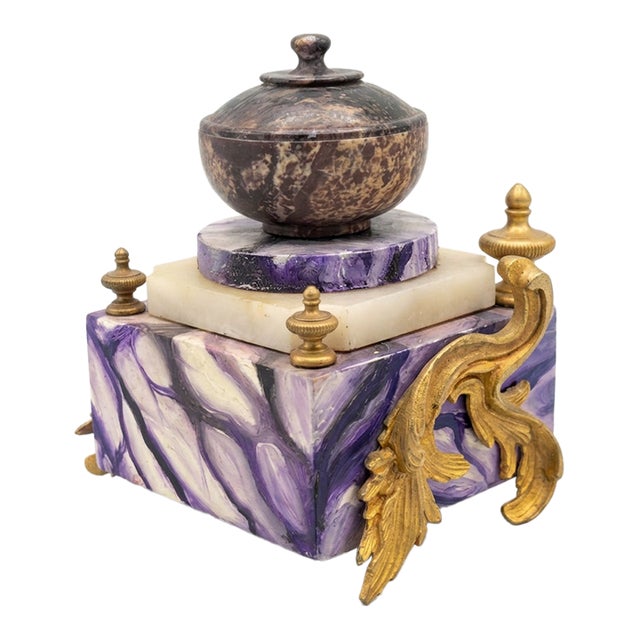 Napoleon III Style French Inkwell With Gilt Bronze Appliques and Marble Basin For Sale