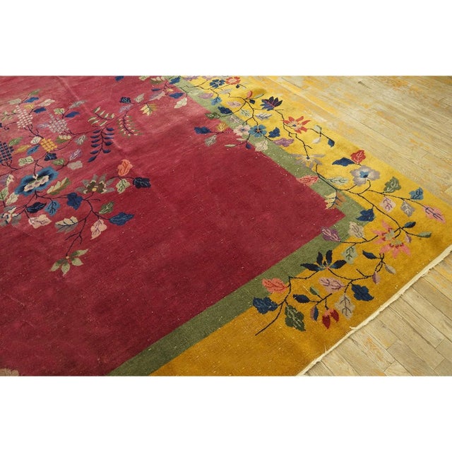 Textile 1920s Red Floral Birds Antique Chinese Art Deco Carpet 9'x12' Knotted Wool Rug For Sale - Image 7 of 7