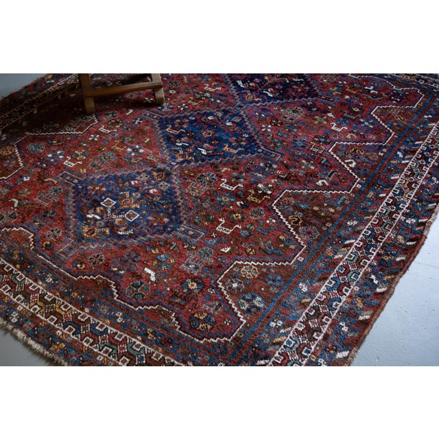 Early 1900s Antique Botanical Figural Tribal Medallion Brick Red Blue Almost Square Rug - 5’10” X 6’10” For Sale - Image 10 of 11