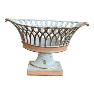 French White,Salmon and Gold Pierced Porcelain Compote Basket Centerpiece Bowl For Sale