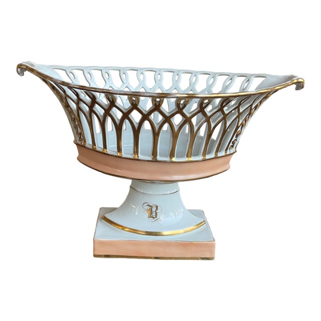French White,Salmon and Gold Pierced Porcelain Compote Basket Centerpiece Bowl For Sale