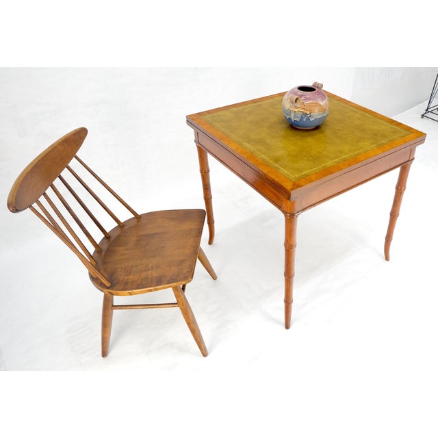 Fine Olive Green Leather Top Faux Bamboo Legs Flip Game Dining Table MINT For Sale - Image 6 of 14