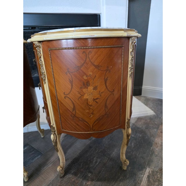 Antique Pair of Louis XV Marble-Top French Commodes / Nightstands For Sale - Image 10 of 13