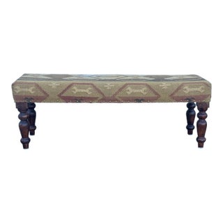 Mid 20th Century Upholstered Bench With Kilim Style Fabric and Turned Wood Legs For Sale