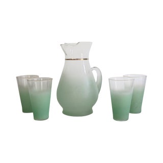 Green Glass Entertaining Pitcher & Glasses - Set of 5 For Sale