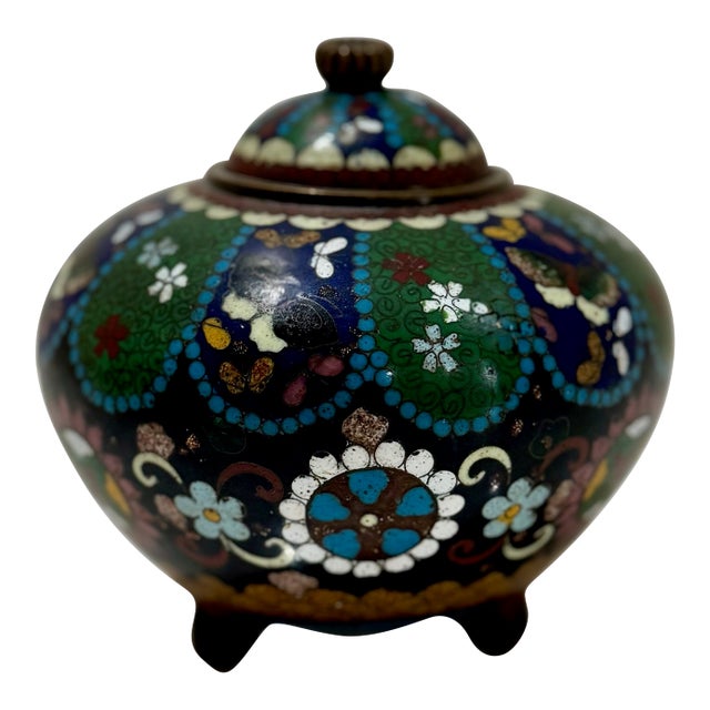Antique Chinese Cloisonné Enamel Covered Jar With Butterflies & Flowers, Circa 1900 For Sale