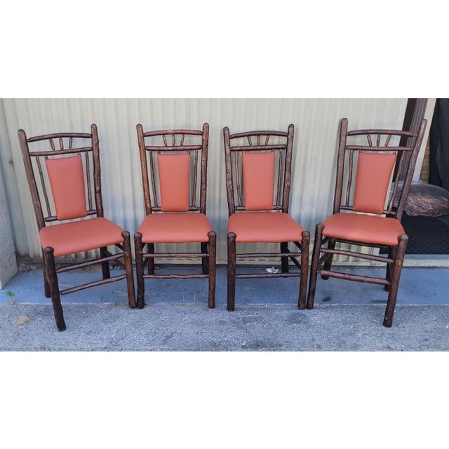 Signed old hickory Martinsville , Indiana set of six dinning chairs with nice old patina. These have a beautiful leather...