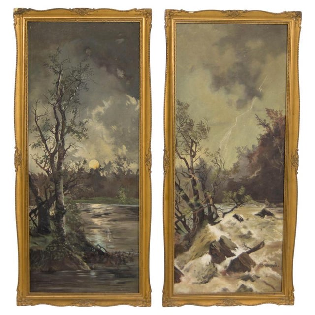 Art Nouveau Diptych Landscape, Oil on Canvas Paintings, 1930, Set of 2 For Sale - Image 11 of 11