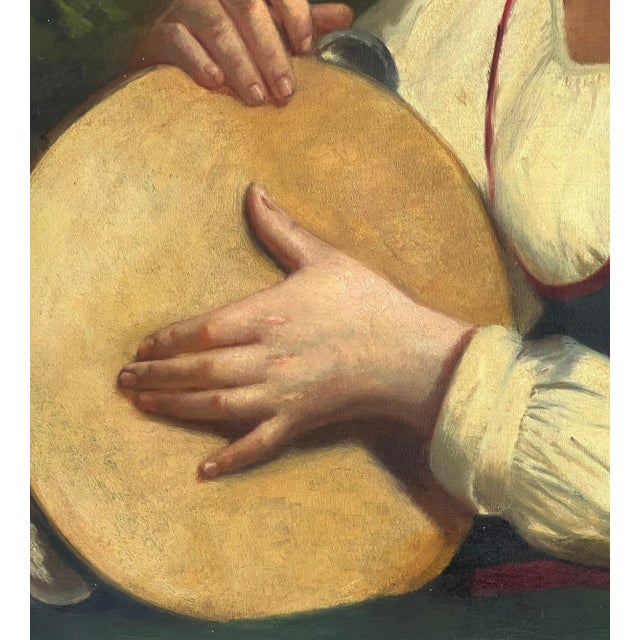 Unknown, Italian Girl with a Tambourine, Original Oil on Canvas, 1900s For Sale - Image 5 of 6