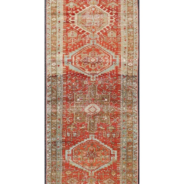 Antique Persian Heriz Distressed Runner With Geometric Medallions in Soft Colors For Sale - Image 4 of 11