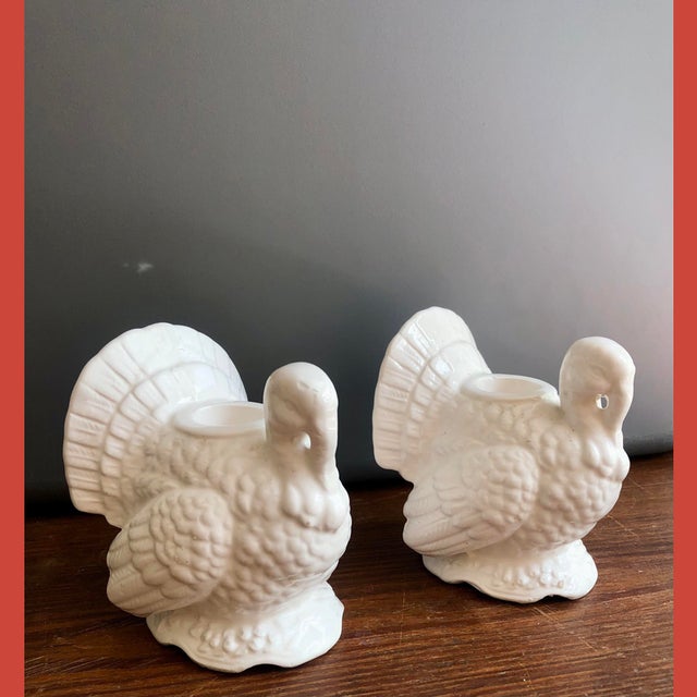 Awesome autumn decor with this rare, chic pair of Mid-Century Modern White Ceramic Turkey Candleholders by Napcoware....