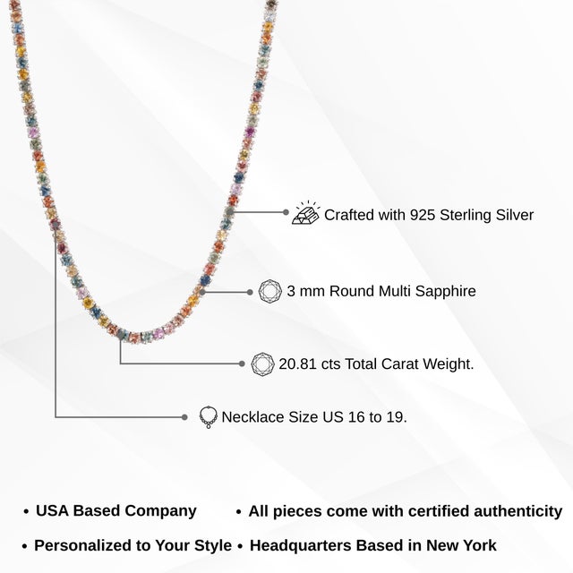 925 Silver 20.81 Ct Rainbow Multi Sapphire Rivière Tennis Necklace 18.5 Inch - Christmas Gift For Sale - Image 11 of 13