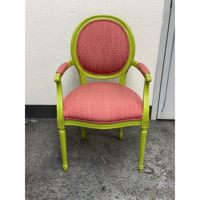 Design Plus Gallery presents a Custom Painted Louis XVI-Style Armchair. This chair has an oval upholstered back, padded...