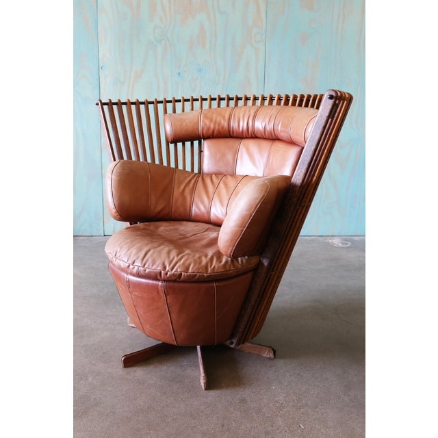 2000 - 2009 Pacific Green Tavarua Swivel Lounge Chair Palm Wood and Leather C. 2000s For Sale - Image 5 of 13