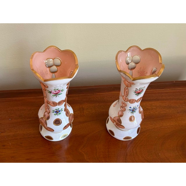 Pair of Antique Bohemian White & Pink Cased Art Glass Vases With Hand-Painted Floral Decoration For Sale - Image 11 of 12