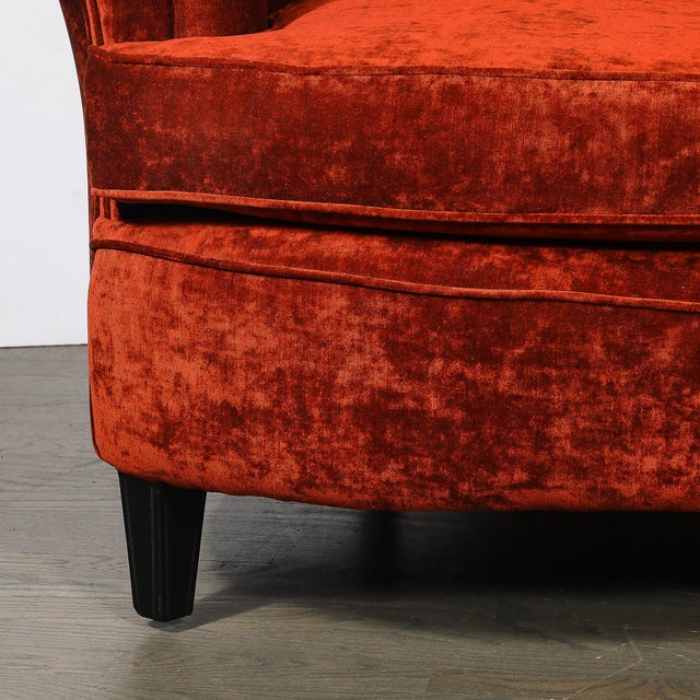 Art Deco Curved Channel-Back Scroll-Arm Sofa With Ebonized Tapered Supports For Sale In New York - Image 6 of 16