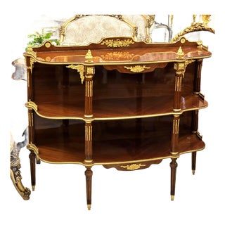 Luxury French Open Console Table With Hand-Gilded Gold Leaf Details & Solid Wood Shelving For Sale