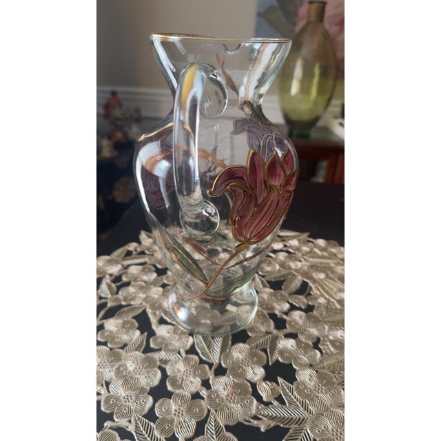 Art Nouveau Vintage Hand-Painted Enamel Glass Pitcher | Bohemian Art Glass | Art Nouveau Floral Vase | Raised Gold Gilt | 10” For Sale - Image 3 of 5