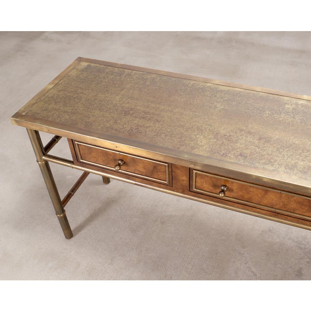 Brass Mastercraft Etched Bronze Burlwood Console or Writing Desk 6 Ft For Sale - Image 8 of 18