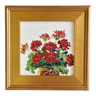 Basket of Red Geraniums Floral Flowers Oil Painting W/ Antiqued Gold Wood Frame For Sale