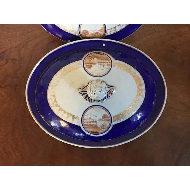 Chinese 1810 Antique Chinese Export Porcelain Entree Serving Dish Painted with Sepia Landscapes - 3 Pieces For Sale - Image 3 of 12