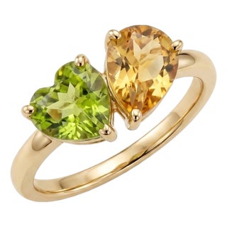 Peridot & Citrine Toi Et Moi Ring - Heart & Pear Cut Gemstone Bypass Ring - August & November Birthstone Ring Us 7 For Sale