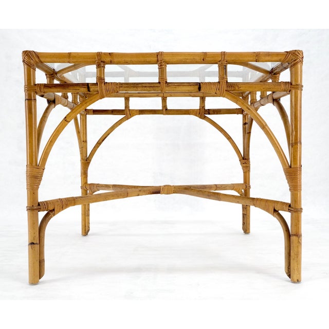 Glass Top 34" Square Mid Century Modern Burnt Bamboo Game Dinette Table MINT For Sale - Image 12 of 17