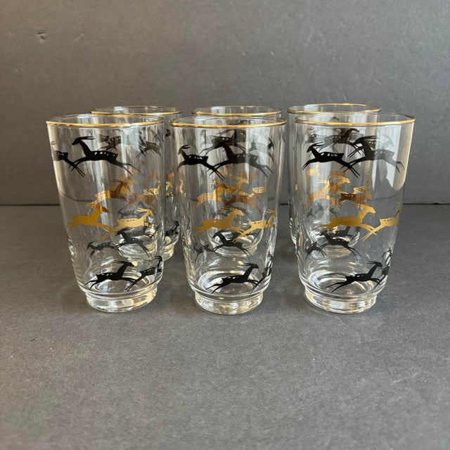Transparent Mid Century Modern Gazelle Glasses Gold & Black Vintage Barware Set of 6 For Sale - Image 8 of 8