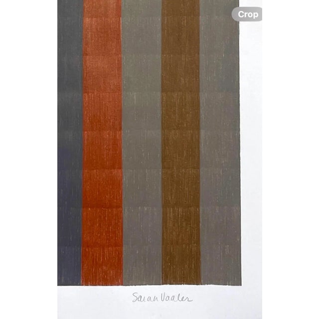 This color pencil drawing on paper features blocky stripes in saturated rows of warm colors featuring shades of gray,...