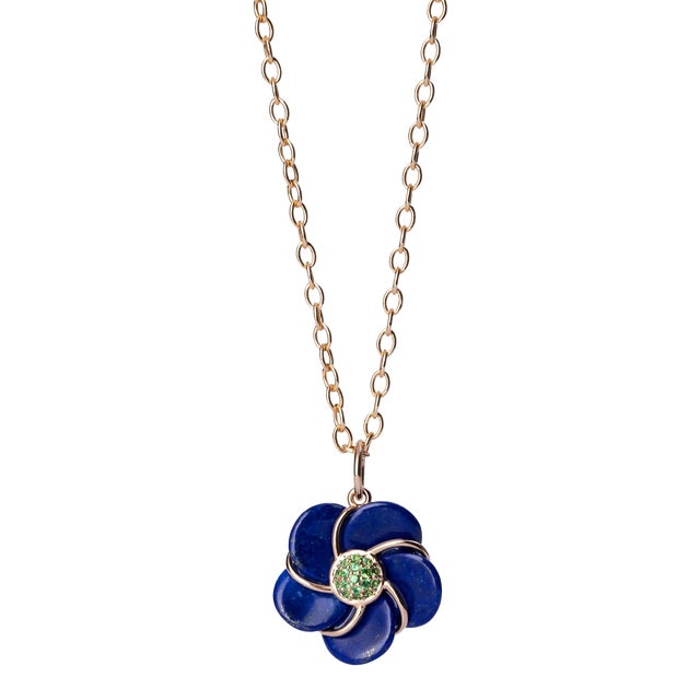 Syna Limited Edition Yellow Gold Hand-carved Lapis Lazuli Pendant with Tsavorite For Sale