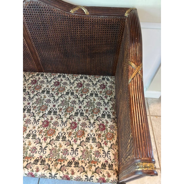 Wood Vintage French Country Louis XVI Style Cane Settee Carved Mahogany & Gilded For Sale - Image 7 of 11