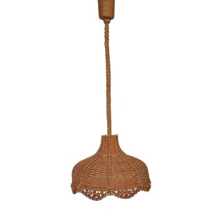 Vintage Ceiling Lamp with Wicker Shade and Inner Relief Glass Shade on Rope Mount, 1970s For Sale