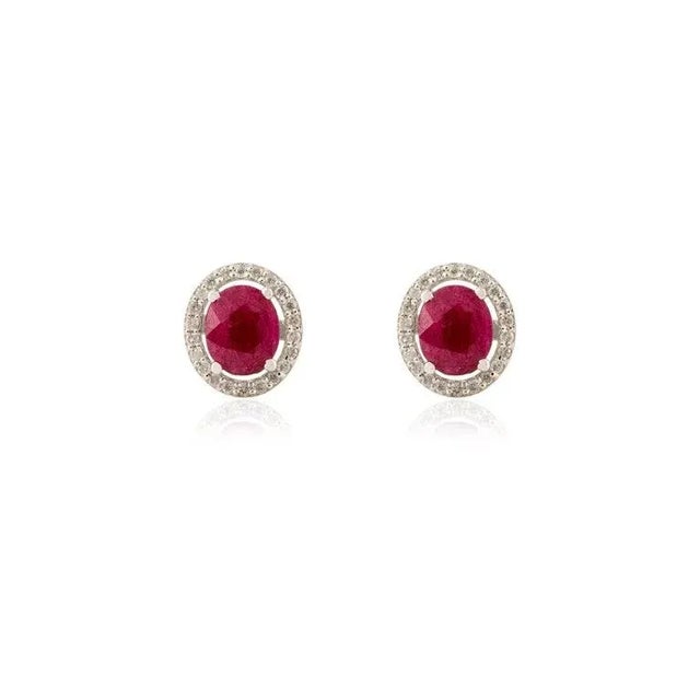 Metal 14k Gold Classic Oval Cut Ruby & Diamond Halo Stud Earrings for Her- A Pair For Sale - Image 7 of 12