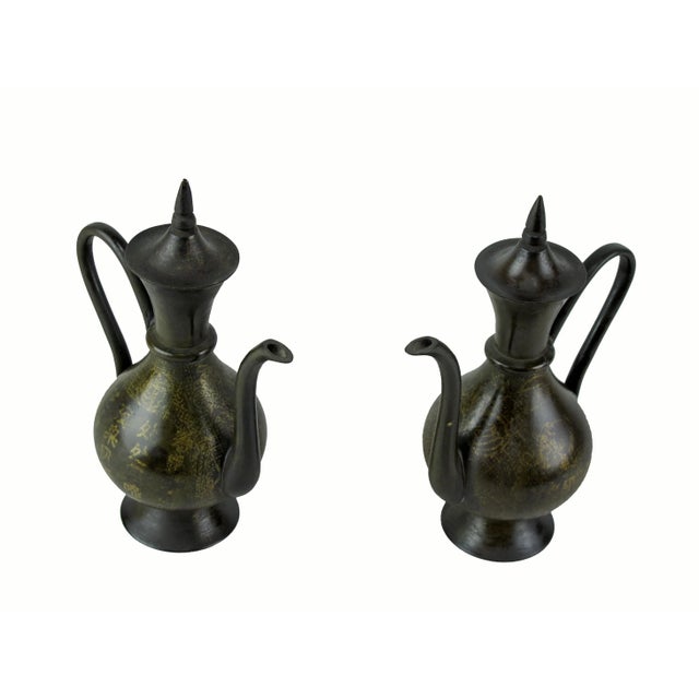 This pair of reproduction of traditional Chinese flagon is hand forged and hand written Chinese poem on one side and hand...