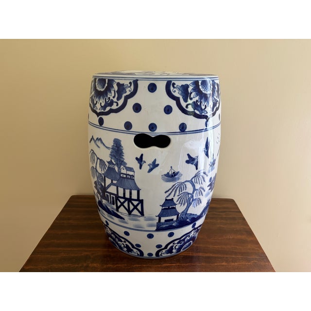 Late 20th Century Blue and White Porcelain Chinoiserie Chinese Garden Stool or Side Table For Sale - Image 10 of 12