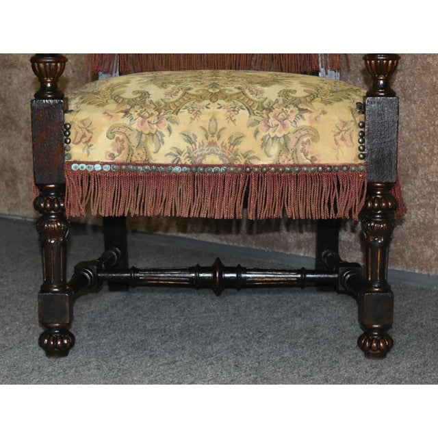 Antique Carved Oak Armchair Tudor Jacobean Style High Back Tapestry Fringe 1920s For Sale - Image 9 of 13