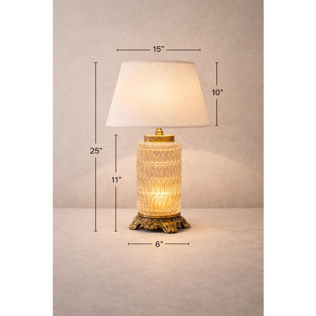 Hollywood Regency Vintage Cut Crystal & Gilt Bronze Table Lamp With Custom Neutral Linen Shade For Sale - Image 3 of 6
