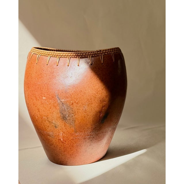 Terra Cotta Pair of Vintage Indonesian Ceramic Vessels With Hand-Woven Rattan Rim For Sale - Image 8 of 18