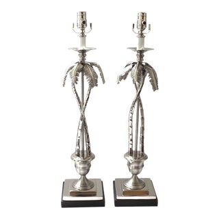 Maison Jansen Style Table Lamps Nickel Plated Coconut Palm Tree - a Pair For Sale