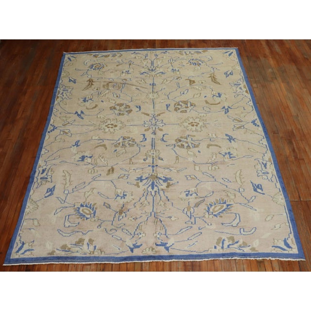 Royal Blue Beige Vintage Turkish Room Size Rug For Sale - Image 4 of 13