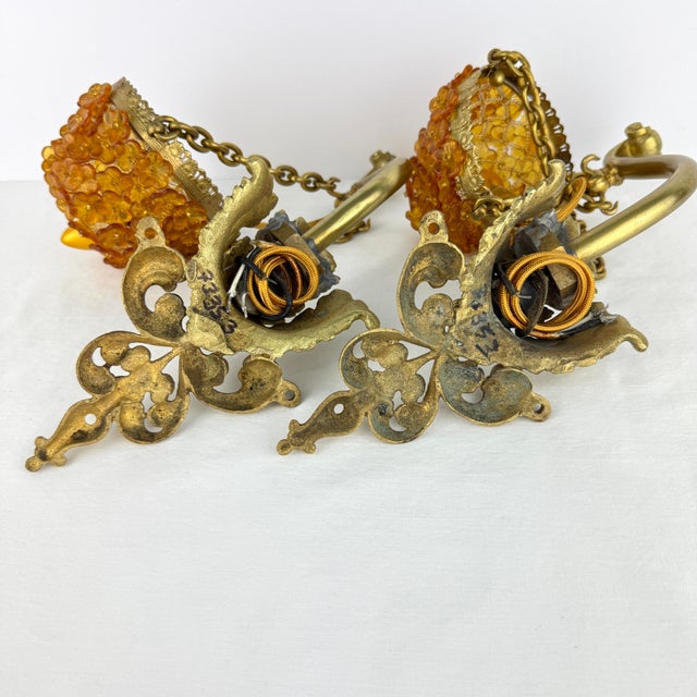 Vintage Pair of Czech Amber Glass Beaded Wall Sconces For Sale - Image 10 of 12