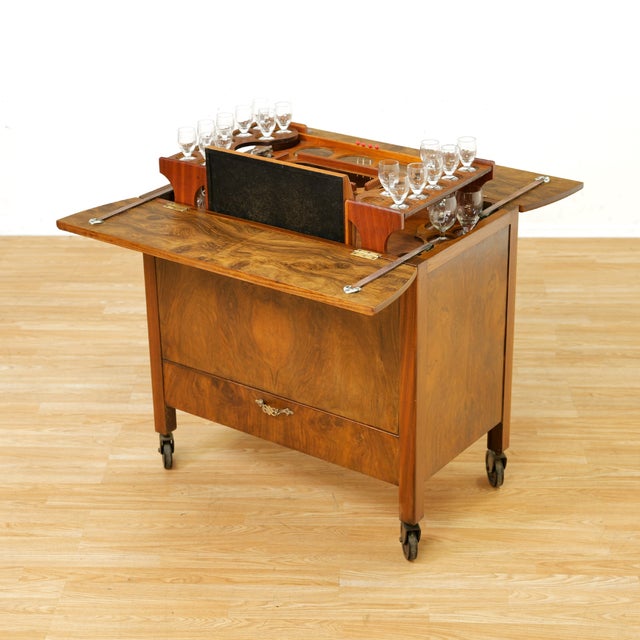 Mid-Century Modern 1950s British 'Pop-Up' Liquor Cabinet Bar Cart in Burl Wood For Sale - Image 3 of 15