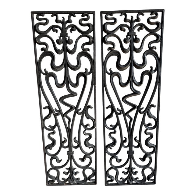 Vintage Wrought Iron Grilles Ornamental Scrollwork, Set of 2 For Sale
